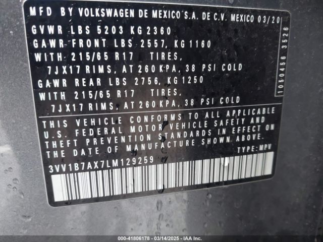 3VV1B7AX7LM129259 Volkswagen Tiguan 2.0t S