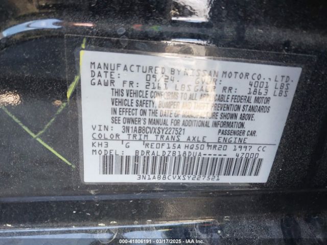 3N1AB8CVXSY227521 Nissan SENTRA SV