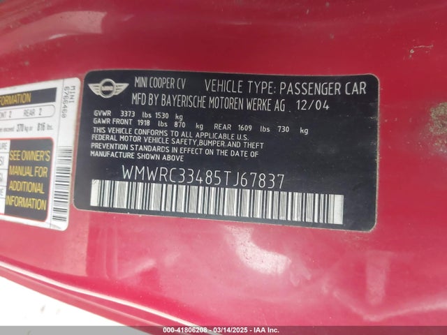 2005 MINI COOPER WMWRC33485TJ67837 Photo 8