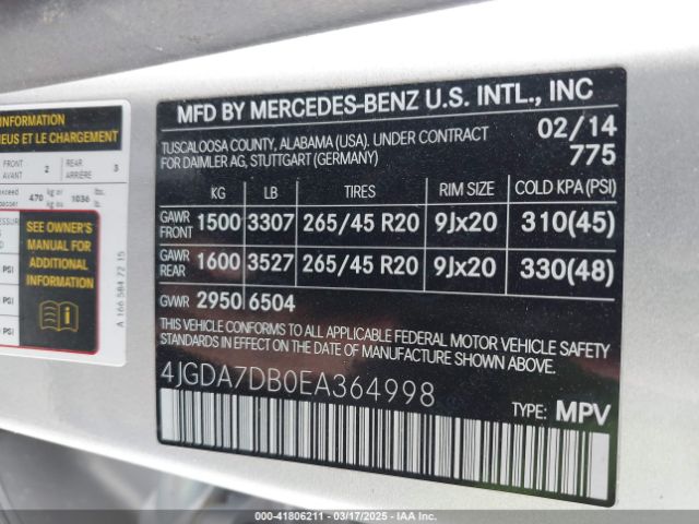 4JGDA7DB0EA364998 Mercedes-Benz Ml 550 4matic
