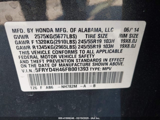41806246 :رقم المزاد ، 5FRYD4H46FB001393 vin ، 2015 Acura Mdx Technology Package مزاد بيع