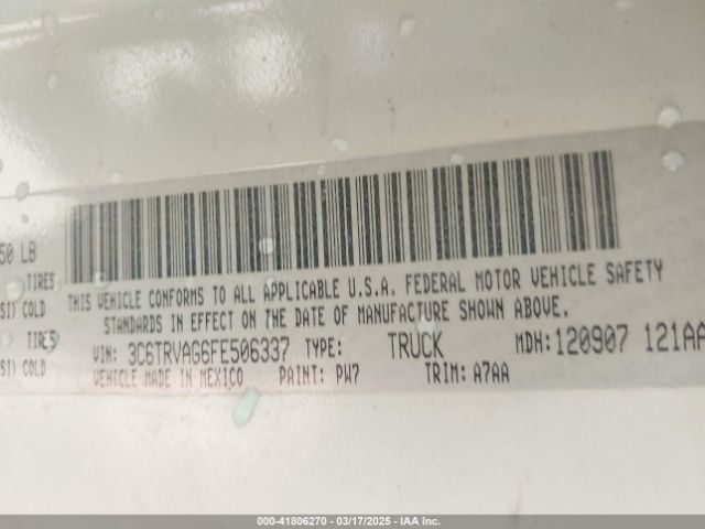 3C6TRVAG6FE506337 RAM Promaster 1500 Low Roof