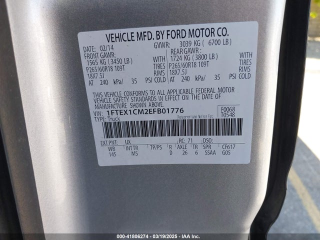 1FTEX1CM2EFB01776 Ford F-150 Xlt