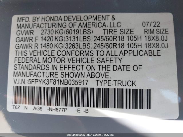 5FPYK3F81NB035917 Honda Ridgeline Black Edition
