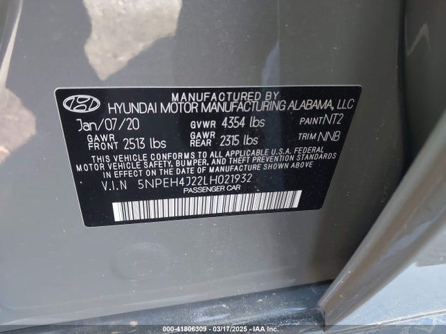 5NPEH4J22LH021932 Hyundai Sonata Limited