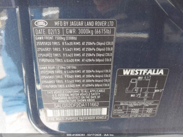 2013 LAND ROVER RANGE ROVER SALGS2DF2DA111662 Photo 8