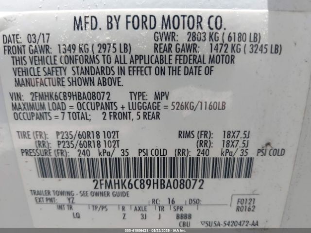 2FMHK6C89HBA08072 Ford FLEX SEL