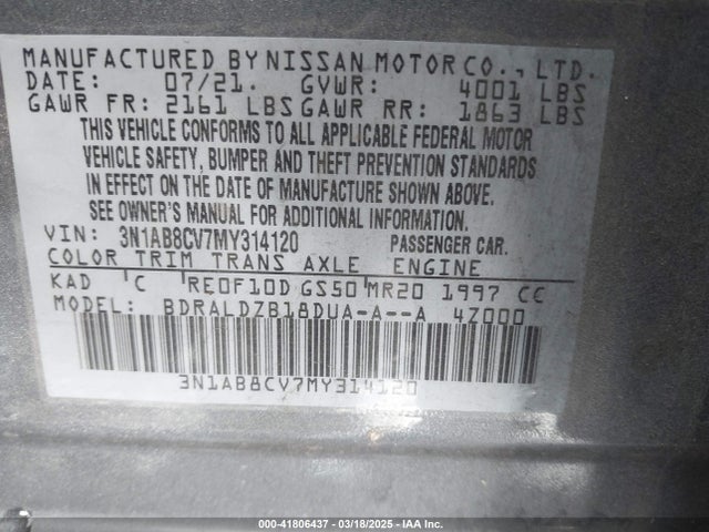 3N1AB8CV7MY314120 Nissan Sentra Sv Xtronic Cvt