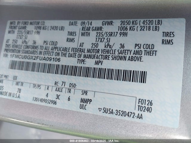 1FMCU0GX2FUA09106 Ford ESCAPE SE