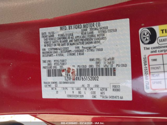 2006 FORD MUSTANG 1ZVFT84N765152002 Photo 8