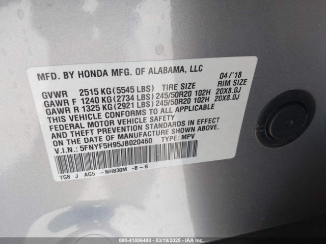 5FNYF5H95JB020460 Honda Pilot Touring