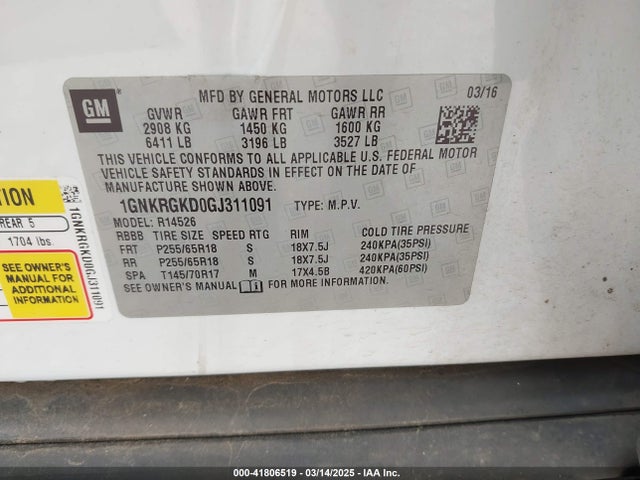 1GNKRGKD0GJ311091 Chevrolet Traverse 1lt