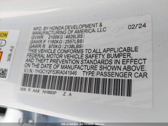 1HGCY2F53RA041946 Honda Accord Hybrid Sport