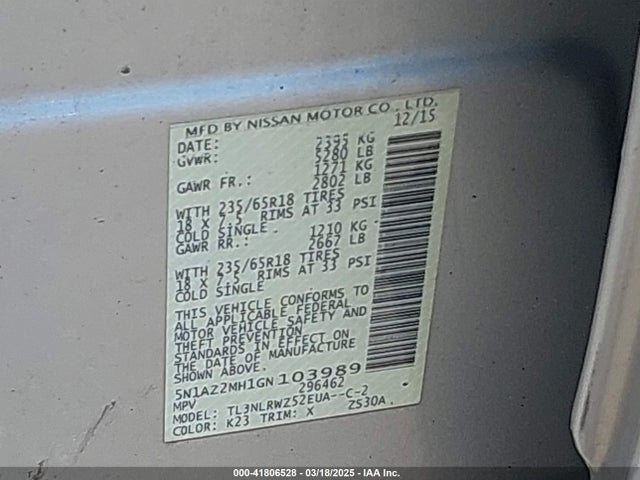 5N1AZ2MH1GN103989 Nissan MURANO SL
