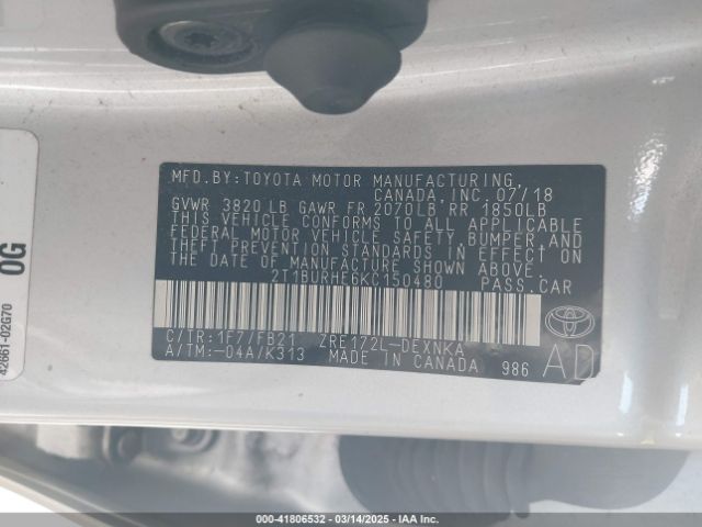 2T1BURHE6KC150480 Toyota COROLLA LE