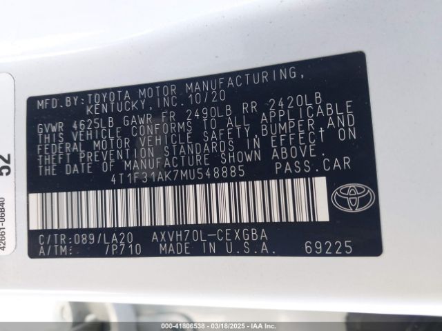 4T1F31AK7MU548885 Toyota Camry Xle Hybrid