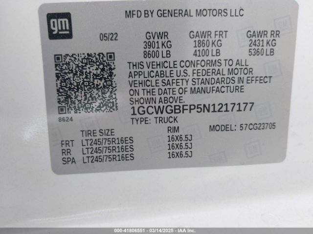 1GCWGBFP5N1217177 Chevrolet Express Cargo Rwd 2500 Extended Wheelbase Wt