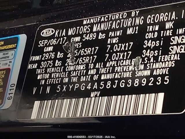 5XYPG4A58JG389235 KIA Sorento 3.3l Lx