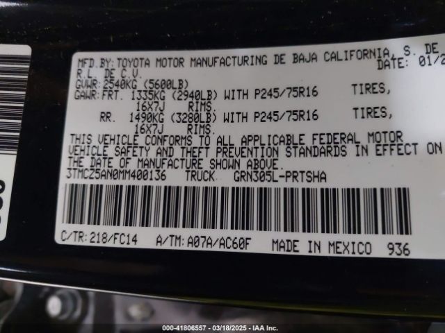 3TMCZ5AN0MM400136 Toyota Tacoma Sr5 V6