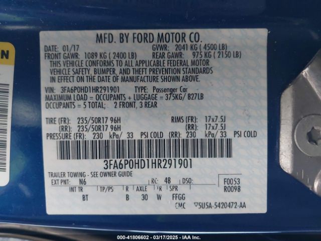 3FA6P0HD1HR291901 Ford FUSION SE