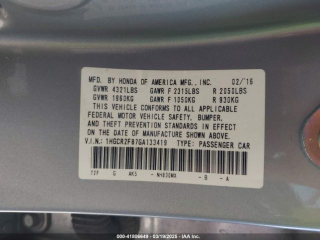1HGCR2F87GA133419 Honda Accord Ex-l