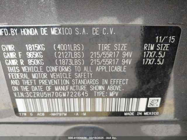 3CZRU5H70GM722645 Honda Hr-v Ex-l