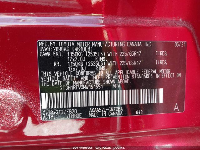2T3H1RFVXMW151551 Toyota RAV4 LE