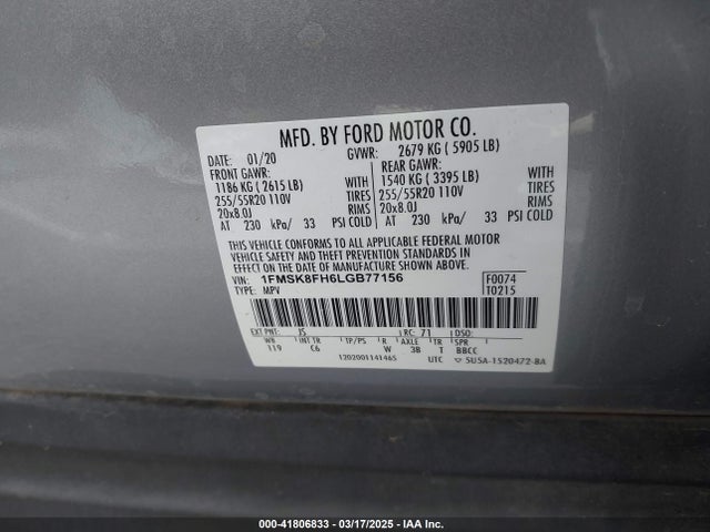1FMSK8FH6LGB77156 Ford Explorer Limited