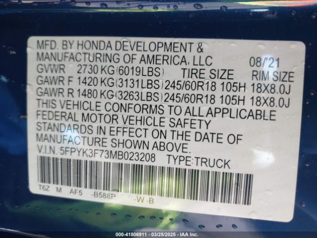 5FPYK3F73MB023208 Honda Ridgeline Rtl-e