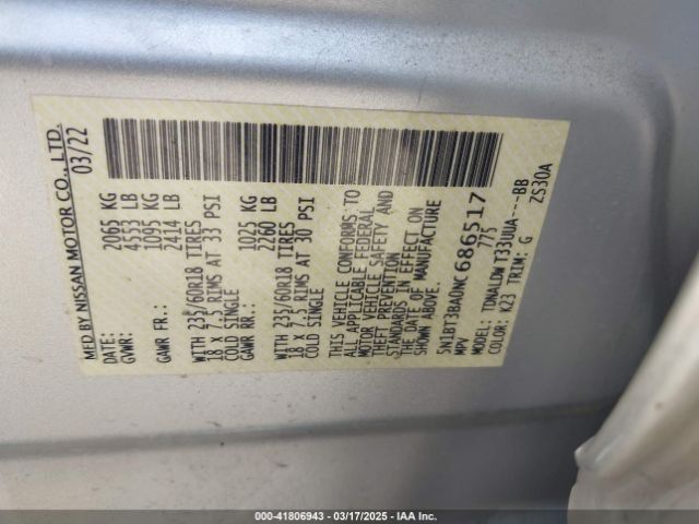 5N1BT3BA0NC686517 Nissan Rogue Sv Fwd