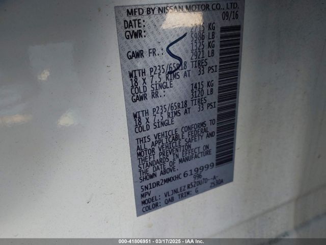5N1DR2MMXHC619999 Nissan Pathfinder Sv