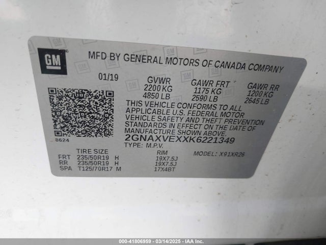 2GNAXVEXXK6221349 Chevrolet EQUINOX LT