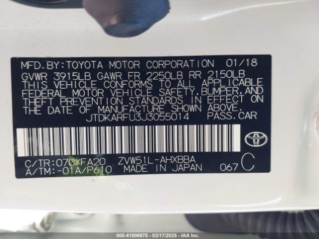 JTDKARFU3J3055014 Toyota Prius Two Eco