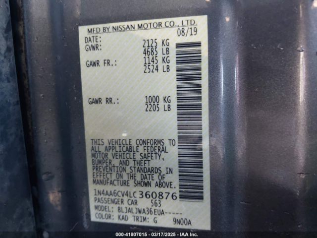 1N4AA6CV4LC360876 Nissan Maxima Sv Xtronic Cvt