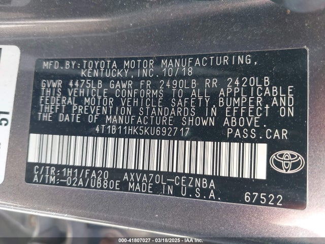 4T1B11HK5KU692717 Toyota CAMRY LE