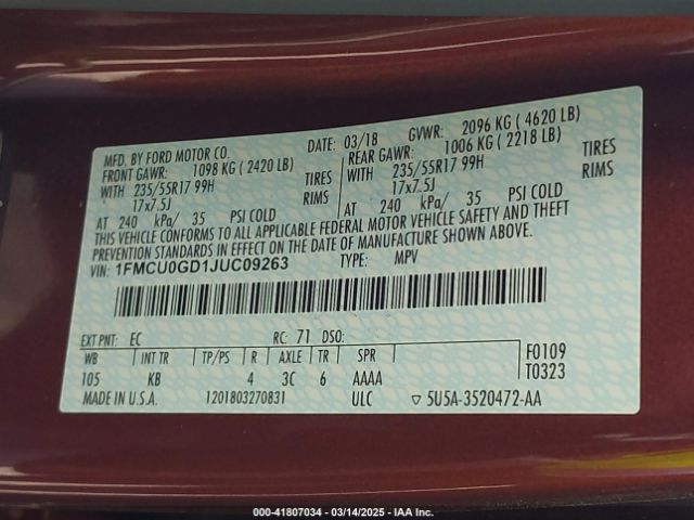 1FMCU0GD1JUC09263 Ford ESCAPE SE