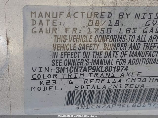 3N1CN7AP9KL801974 Nissan Versa 1.6 S+