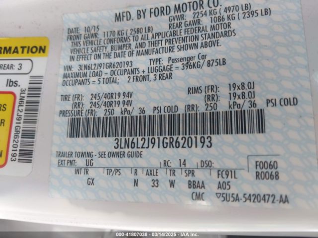 3LN6L2J91GR620193 Lincoln MKZ