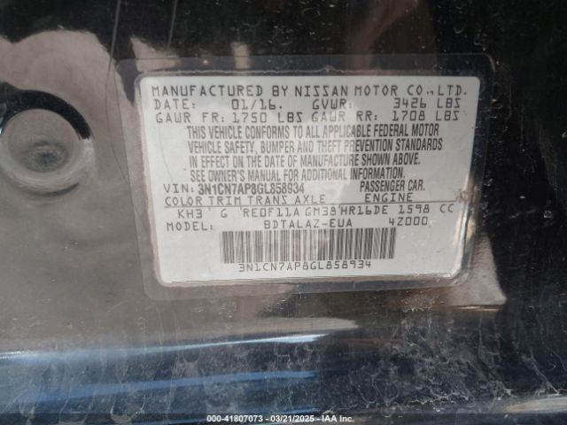 3N1CN7AP8GL858934 Nissan Versa 1.6 S+