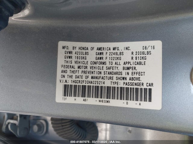 1HGCR2F30HA025214 Honda ACCORD LX