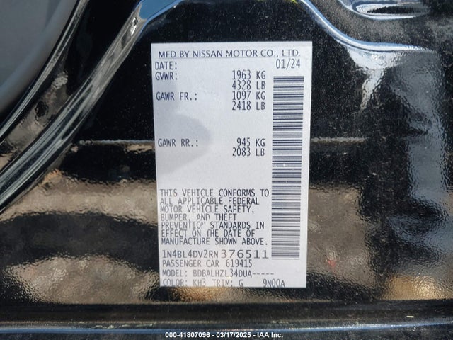 1N4BL4DV2RN376511 Nissan Altima Sv Fwd