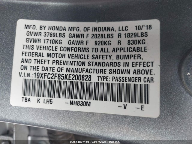 19XFC2F85KE200828 Honda Civic Sport