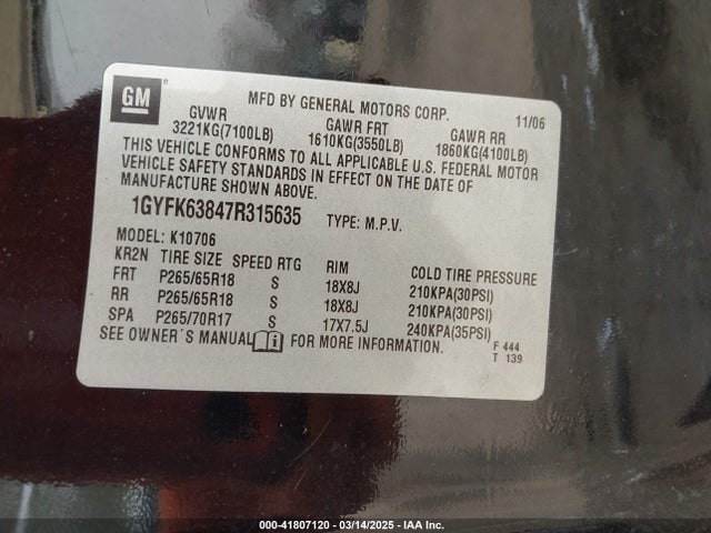 2007 CADILLAC ESCALADE 1GYFK63847R315635 Photo 8