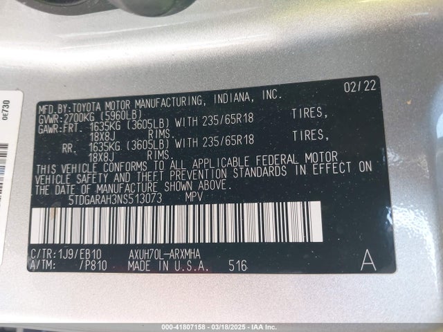 5TDGARAH3NS513073 Toyota Highlander Hybrid Xle/hybrid Bronze Edition