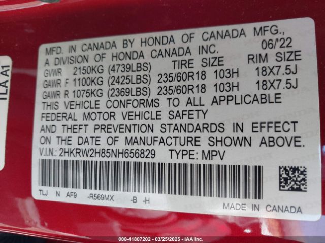2HKRW2H85NH656829 Honda Cr-v Awd Ex-l