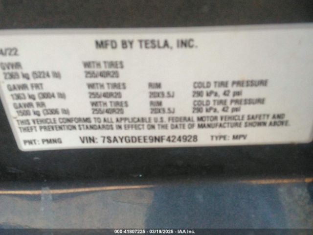 7SAYGDEE9NF424928 Tesla Model Y Long Range Dual Motor All-wheel Drive