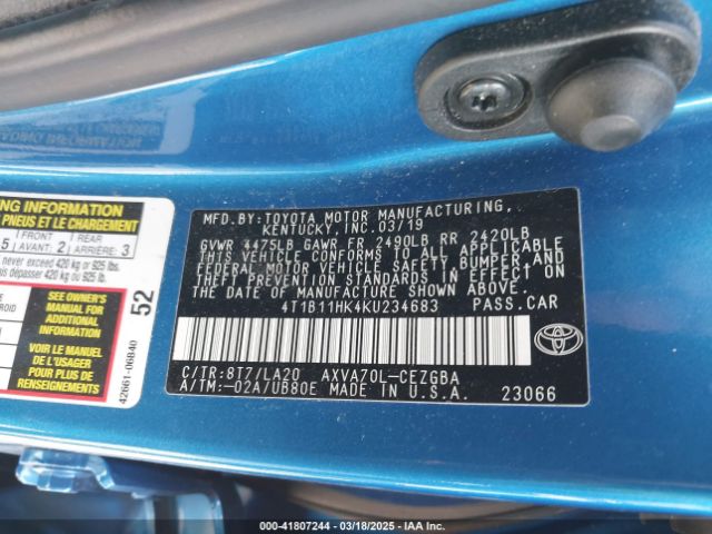 4T1B11HK4KU234683 Toyota CAMRY XLE