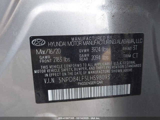 5NPD84LF5LH598093 Hyundai Elantra Limited