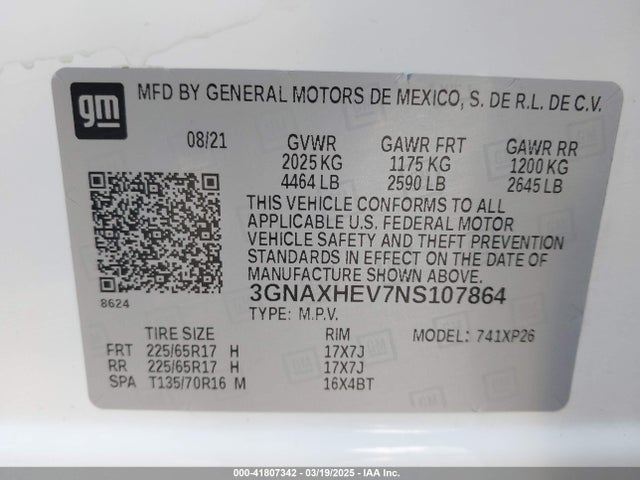3GNAXHEV7NS107864 Chevrolet Equinox Fwd Ls