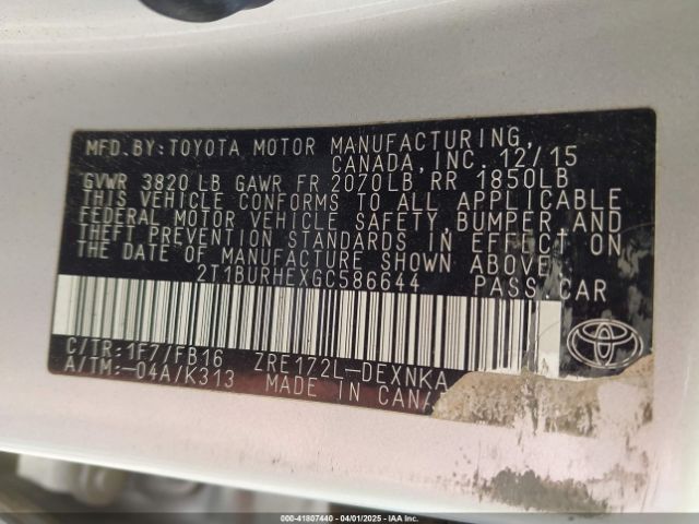 2T1BURHEXGC586644 Toyota COROLLA LE